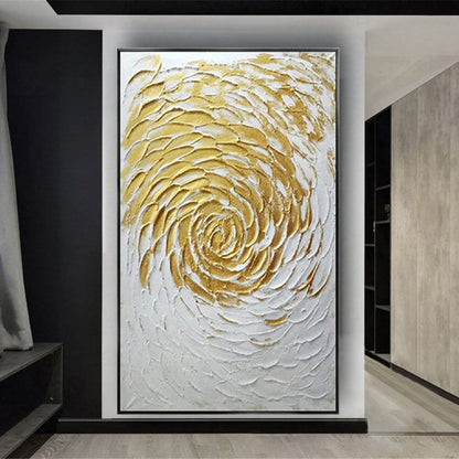 Room mockup. Raised gold-coloured and white petal-like strokes spiral outward from a small centre over a white textured field.