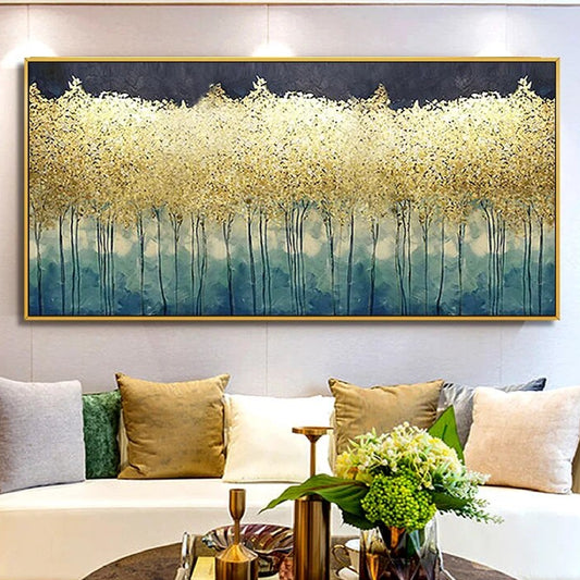 Room mockup showing dense canopy of gold-coloured leaves above thin dark trunks fading into a deep teal lower area.