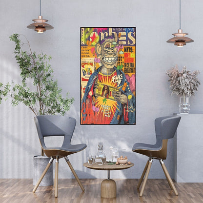 Room mockup. Grinning cartoon ape in red, yellow and black surrounded by dense graffiti lettering and magazine-style graphics.