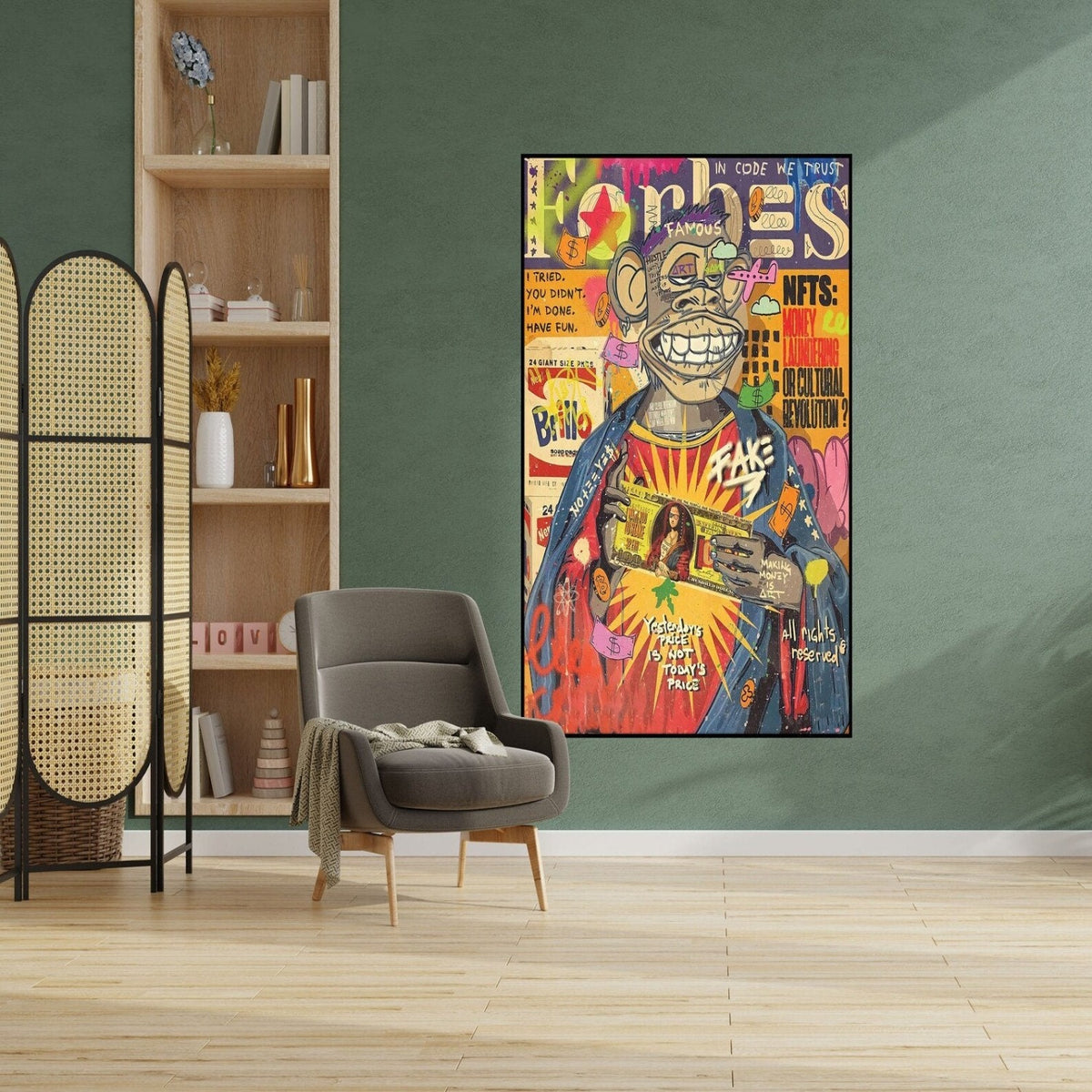 Room mockup. Grinning cartoon ape in red, yellow and black surrounded by dense graffiti lettering and magazine-style graphics.