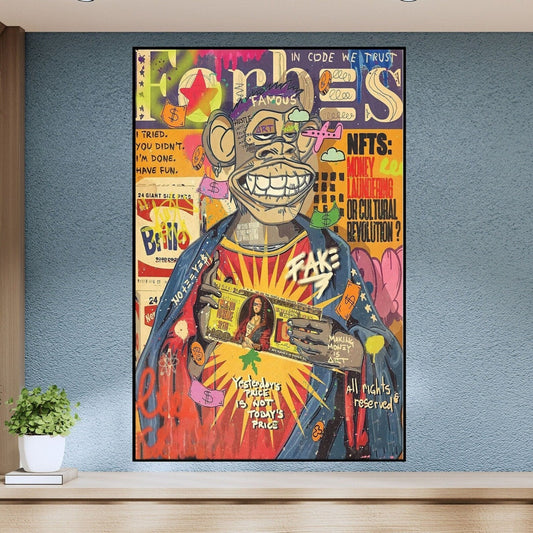 Room mockup. Grinning cartoon ape in red, yellow and black surrounded by dense graffiti lettering and magazine-style graphics.