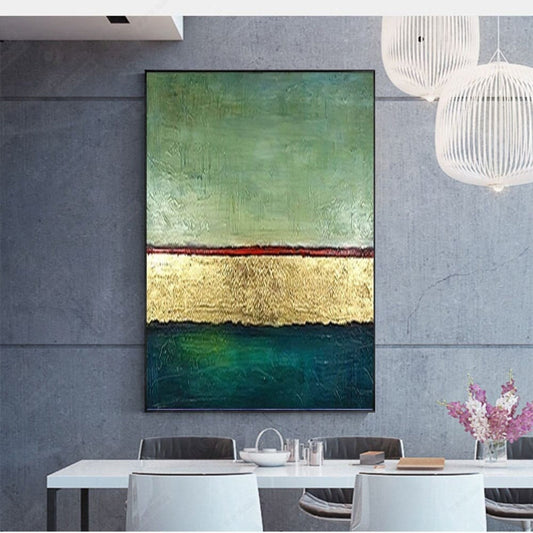 Room mockup. A muted green upper field above a thin red line, broad gold-coloured band and deep teal lower field.