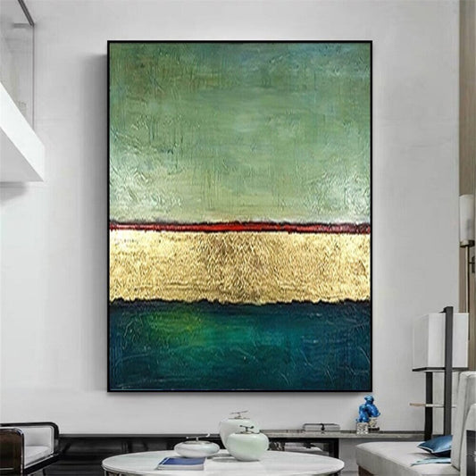 Room mockup. A muted green upper field above a thin red line, broad gold-coloured band and deep teal lower field.