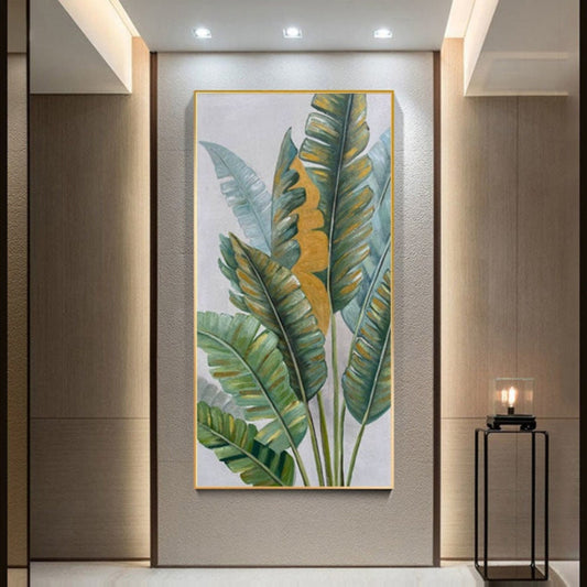 Room mockup. Tall green tropical leaves with pale veins and ochre patches rise on fine stems against a pale grey-white background.
