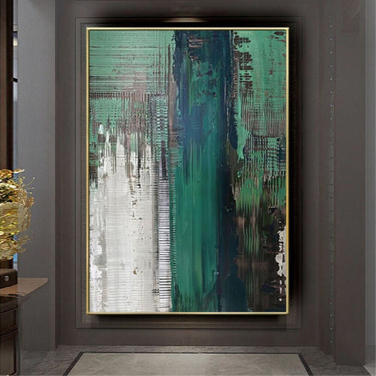 Room mockup. A broad teal-green vertical field beside pale grey and dark black scraped strips, crossed by fine grid-like marks.