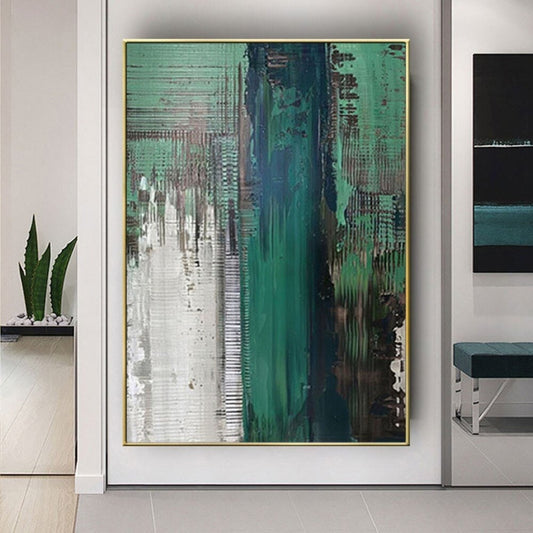Room mockup. A broad teal-green vertical field beside pale grey and dark black scraped strips, crossed by fine grid-like marks.