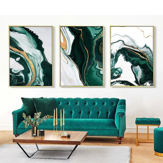 Room mockup. Three complementary green, black and white flowing abstract panels with fine gold-coloured edges.