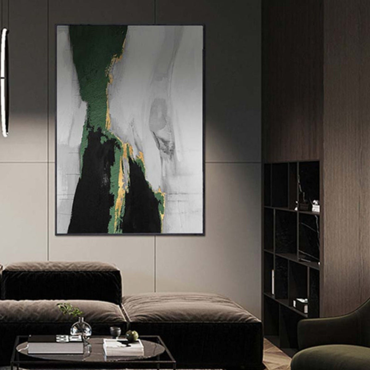 Room mockup. Dark green and black irregular fields taper between broad pale grey-white strokes with fine gold-coloured edges.