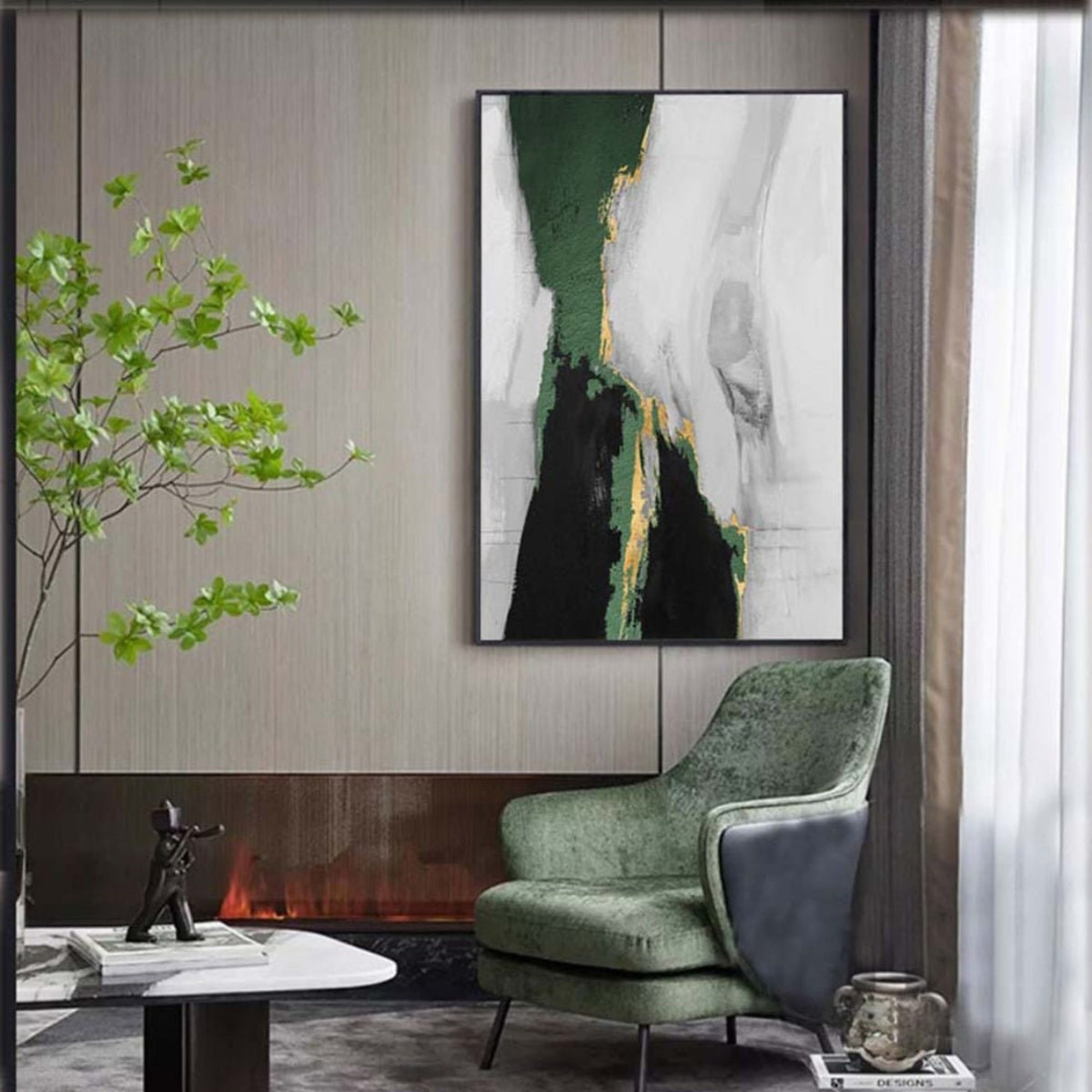 Room mockup. Dark green and black irregular fields taper between broad pale grey-white strokes with fine gold-coloured edges.