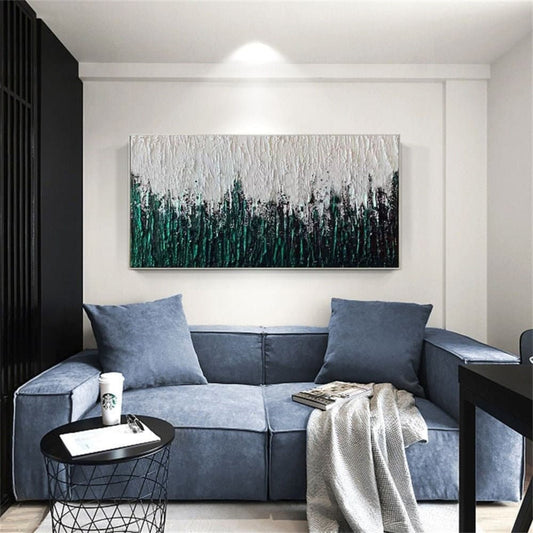 Room mockup. Dense dark green vertical textured strokes rise into a heavily ridged white upper field.