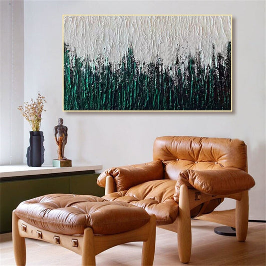 Room mockup. Dense dark green vertical textured strokes rise into a heavily ridged white upper field.