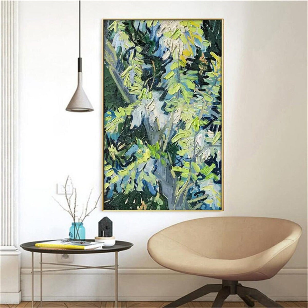 Room mockup. Loose green, yellow and pale blue leaf-like strokes overlap dark navy branches and a deep green background.