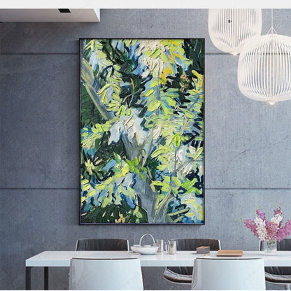 Room mockup. Loose green, yellow and pale blue leaf-like strokes overlap dark navy branches and a deep green background.