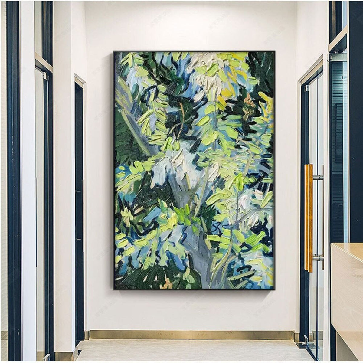 Room mockup. Loose green, yellow and pale blue leaf-like strokes overlap dark navy branches and a deep green background.