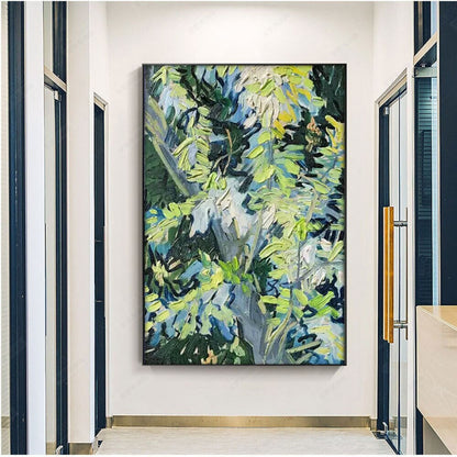 Room mockup. Loose green, yellow and pale blue leaf-like strokes overlap dark navy branches and a deep green background.