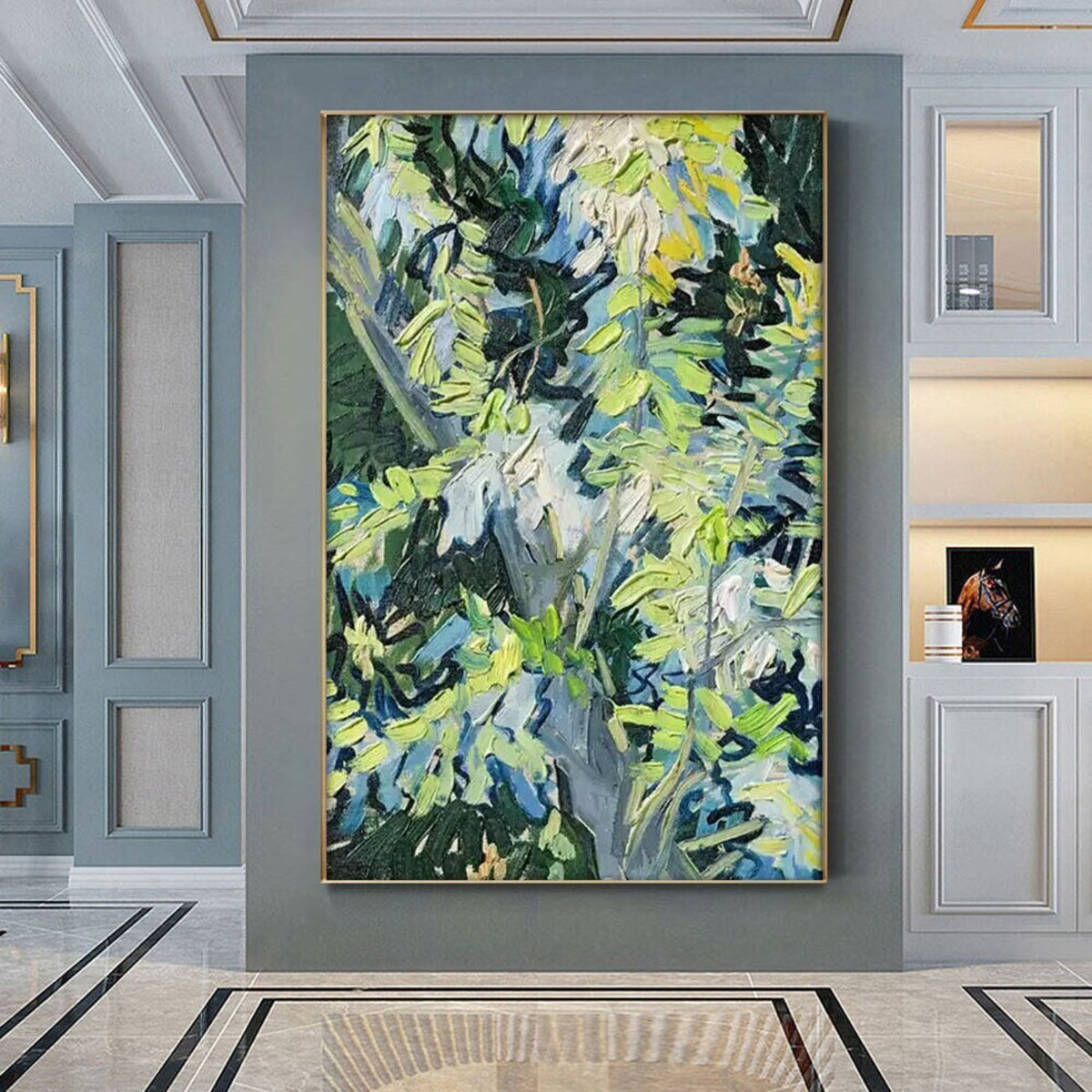 Room mockup. Loose green, yellow and pale blue leaf-like strokes overlap dark navy branches and a deep green background.