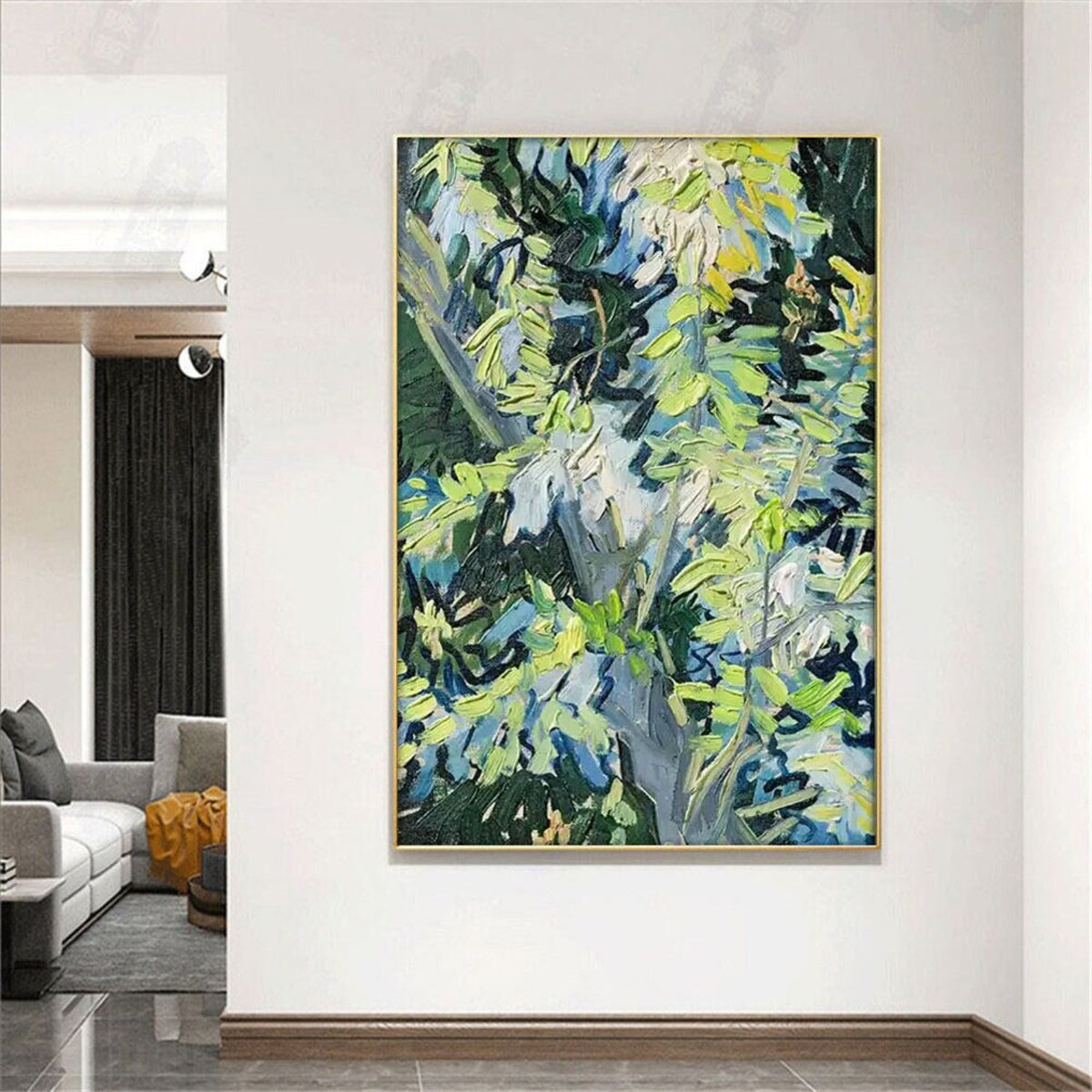 Room mockup. Loose green, yellow and pale blue leaf-like strokes overlap dark navy branches and a deep green background.