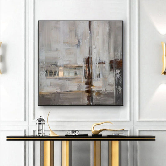 Room mockup. Soft grey, beige and cream horizontal strokes crossed by a narrow dark brown vertical line and muted ochre accents.