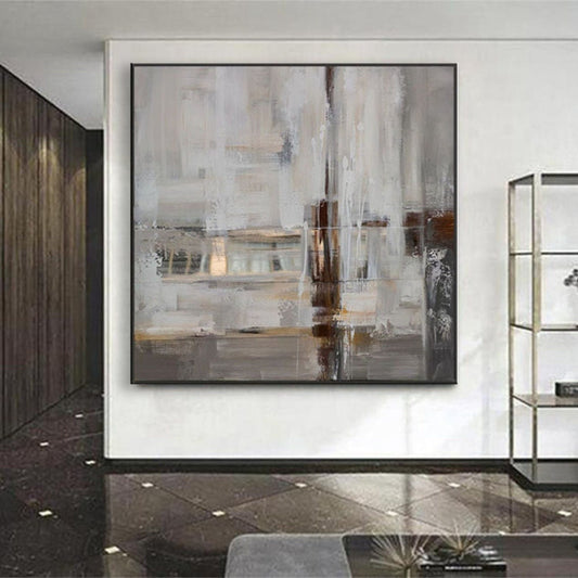 Room mockup. Soft grey, beige and cream horizontal strokes crossed by a narrow dark brown vertical line and muted ochre accents.
