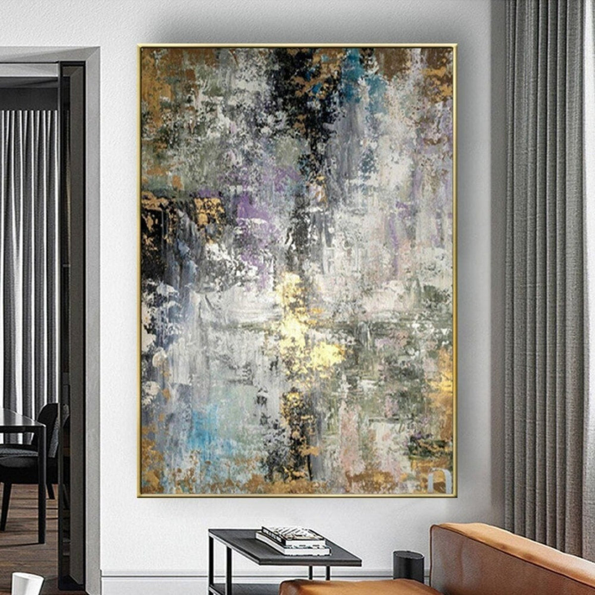 Room mockup. Dense grey, white and black scraped marks with small blue, pale purple and gold-coloured patches.