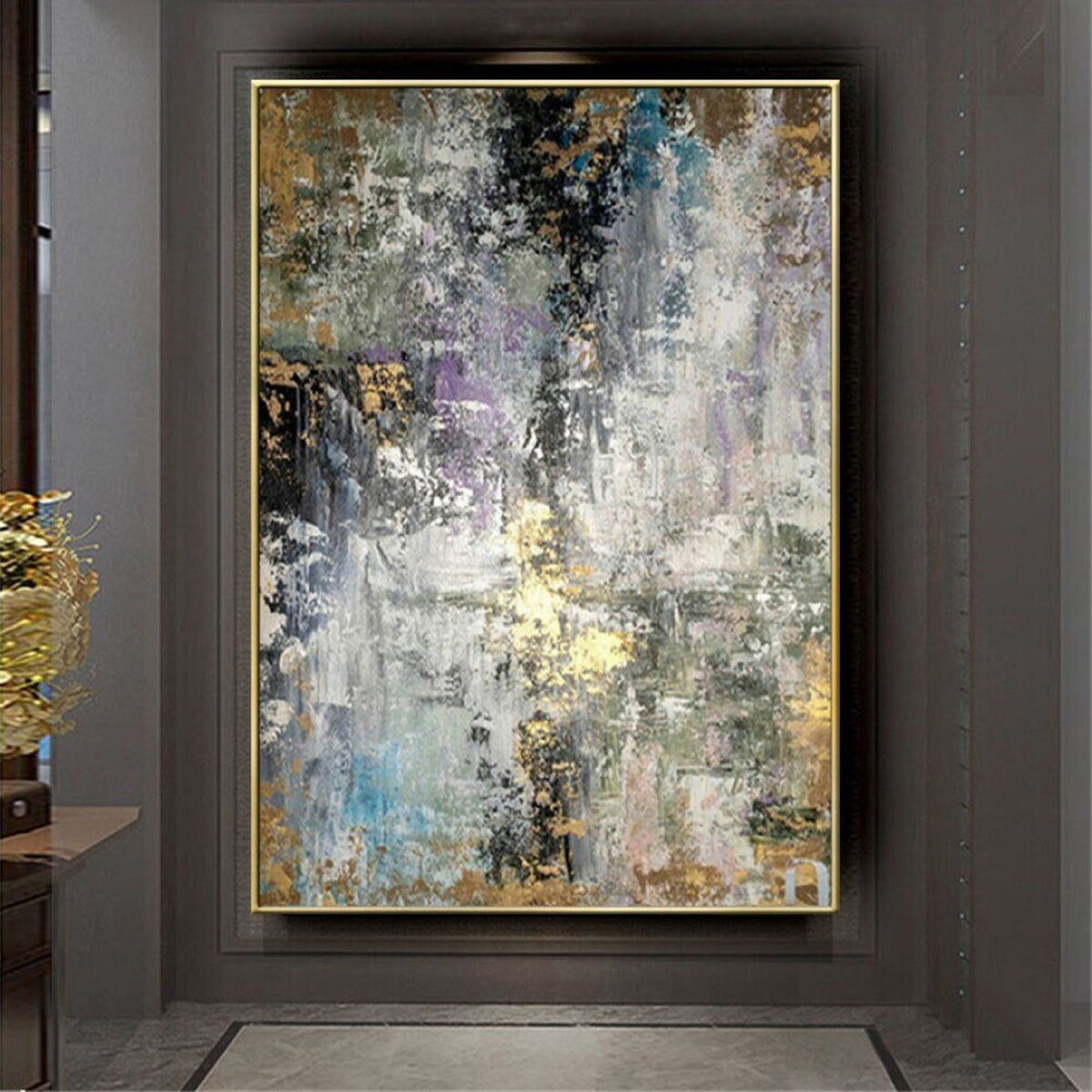 Room mockup. Dense grey, white and black scraped marks with small blue, pale purple and gold-coloured patches.