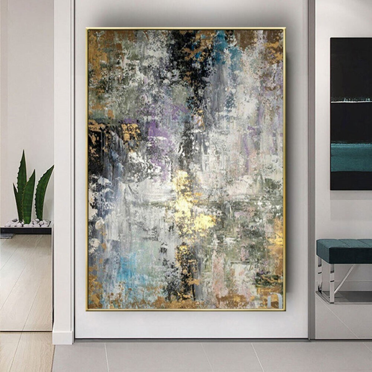 Room mockup. Dense grey, white and black scraped marks with small blue, pale purple and gold-coloured patches.