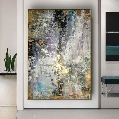 Room mockup. Dense grey, white and black scraped marks with small blue, pale purple and gold-coloured patches.