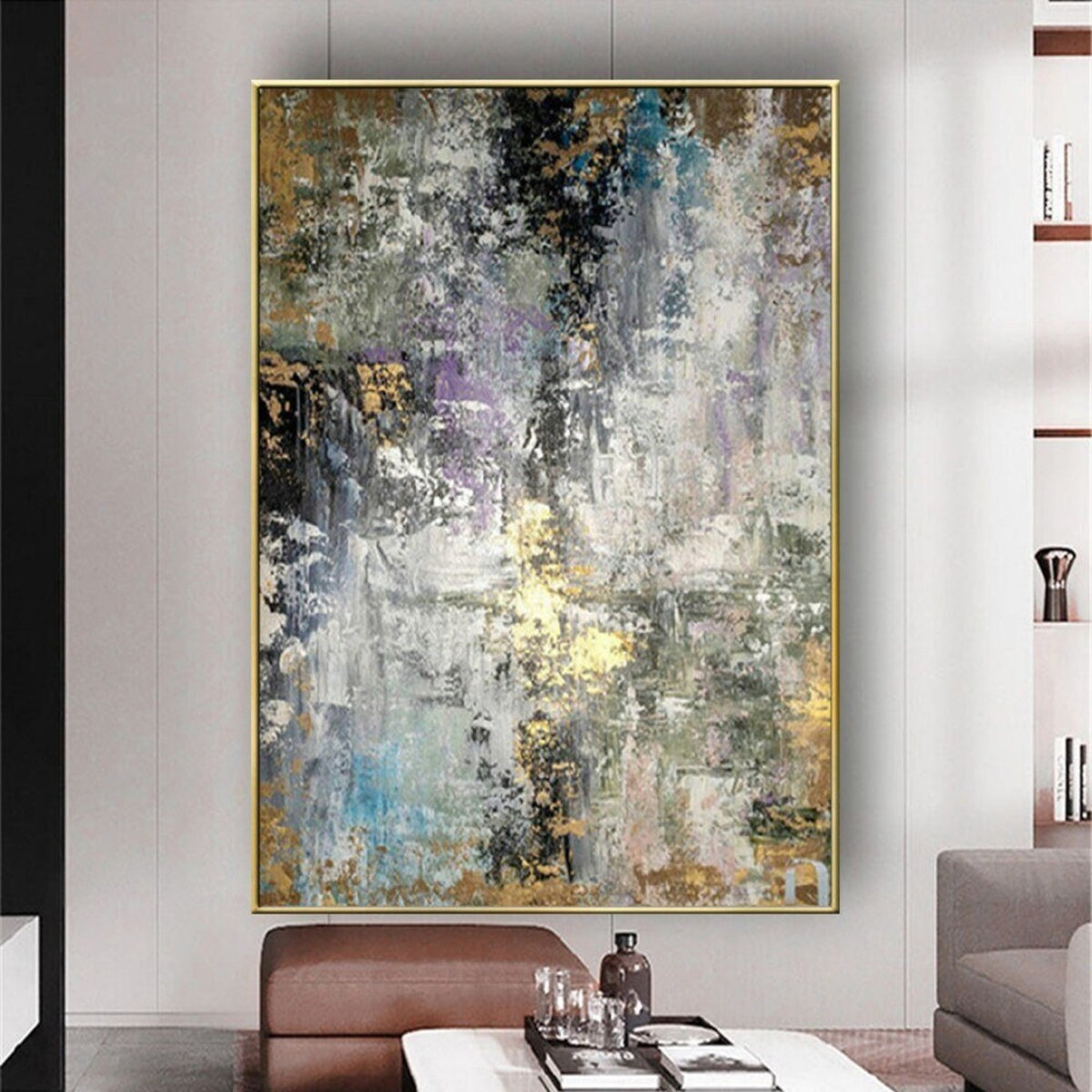 Room mockup. Dense grey, white and black scraped marks with small blue, pale purple and gold-coloured patches.