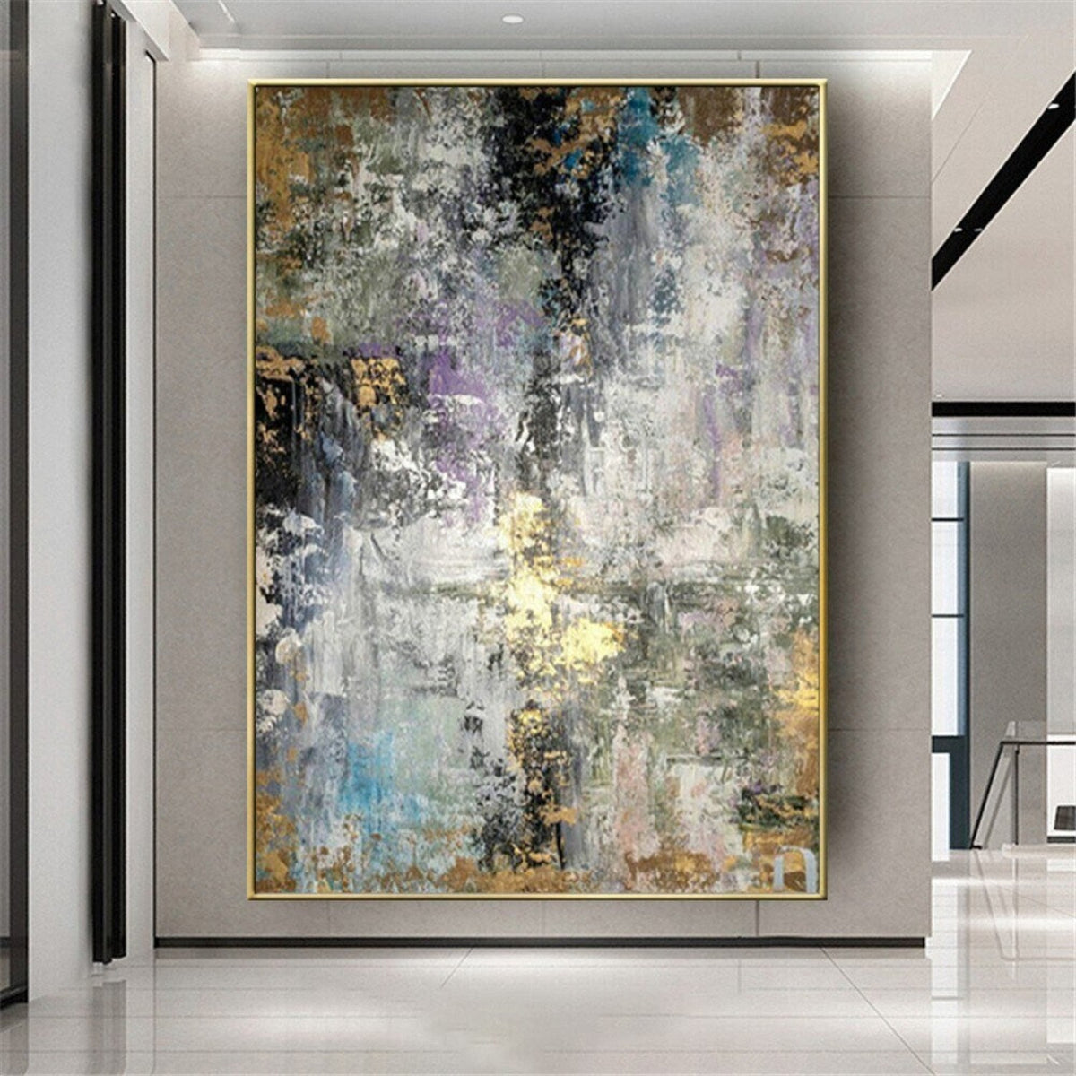 Room mockup. Dense grey, white and black scraped marks with small blue, pale purple and gold-coloured patches.