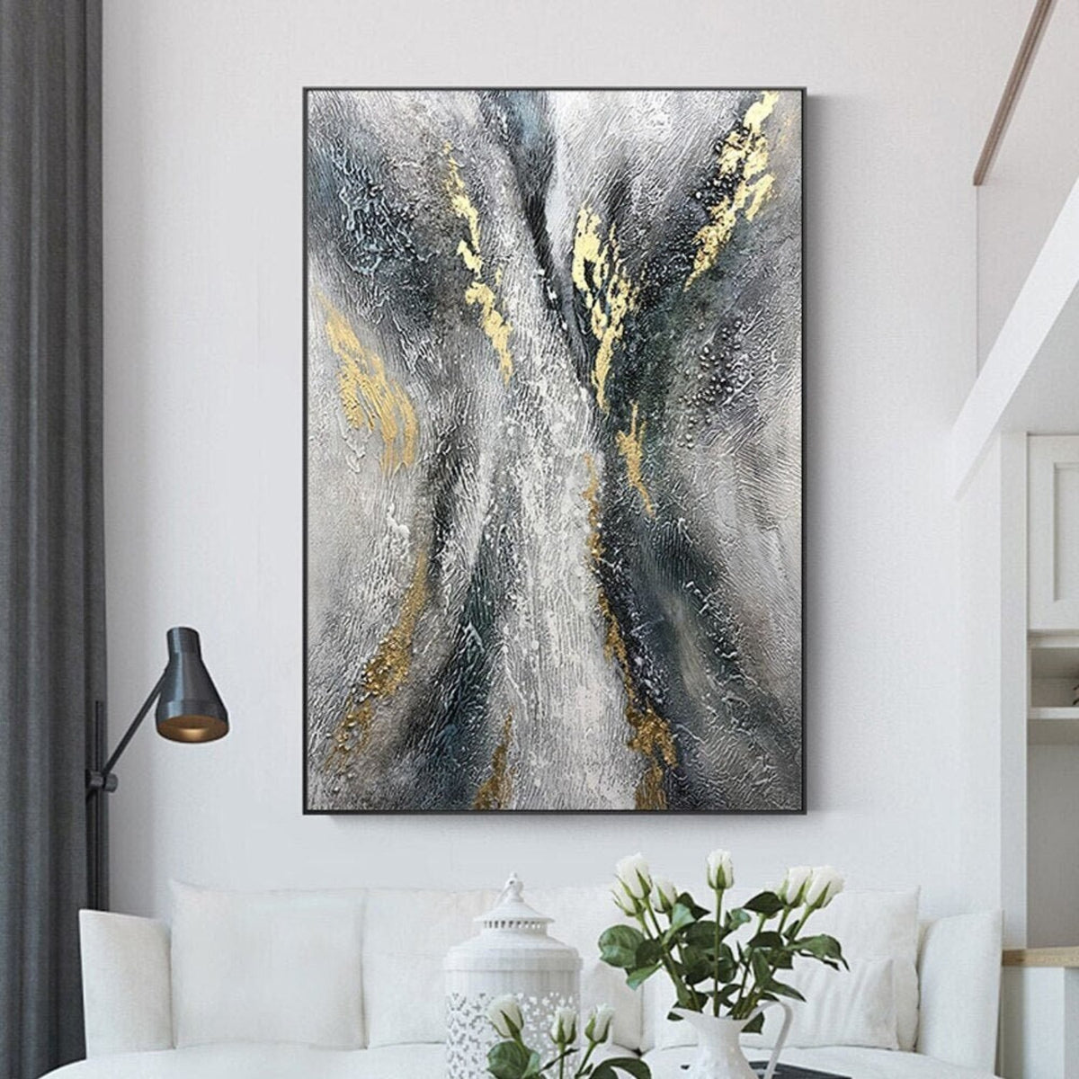 Room mockup. Dark branching strokes and gold-coloured accents rise through a rough silver-grey and white textured field.