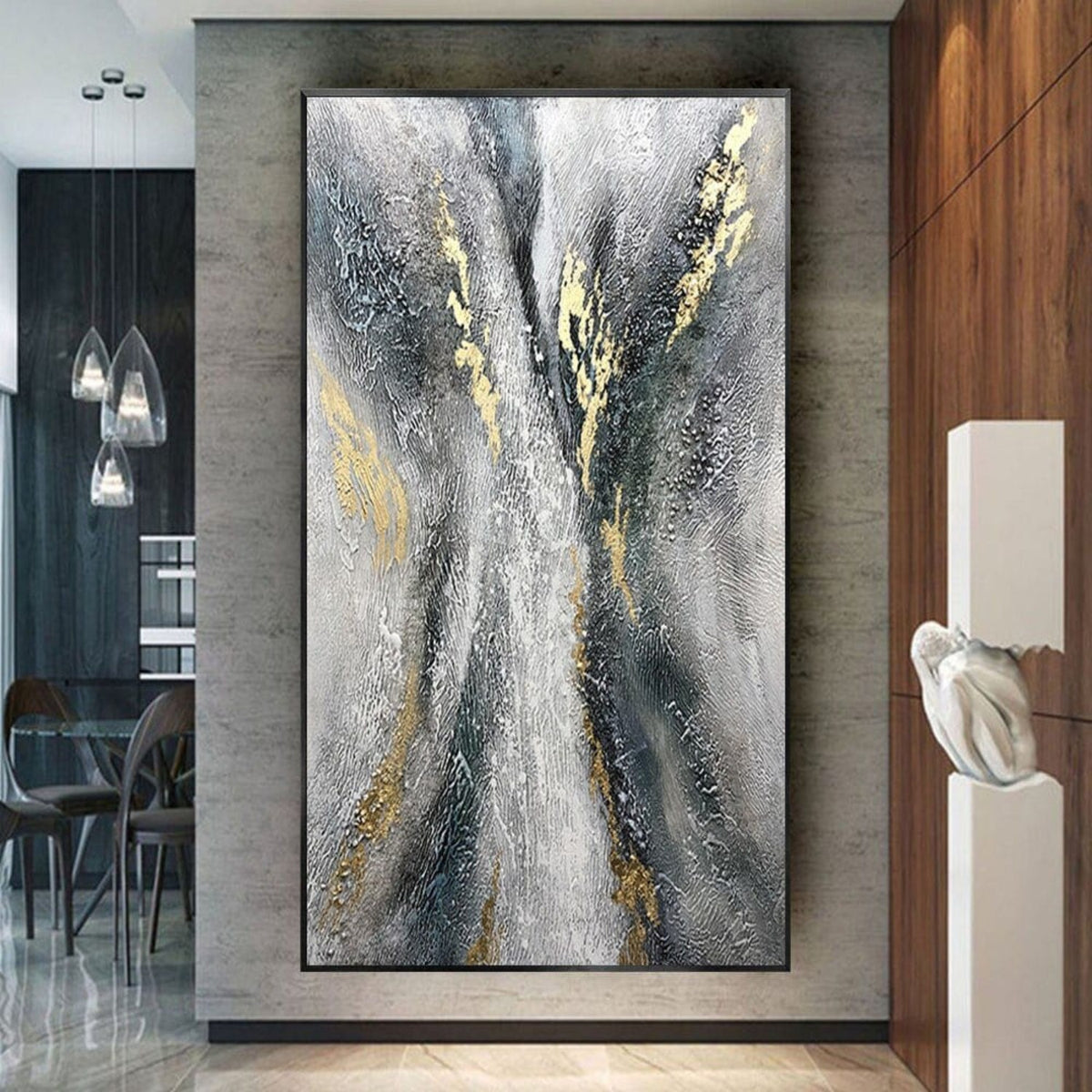 Room mockup. Dark branching strokes and gold-coloured accents rise through a rough silver-grey and white textured field.