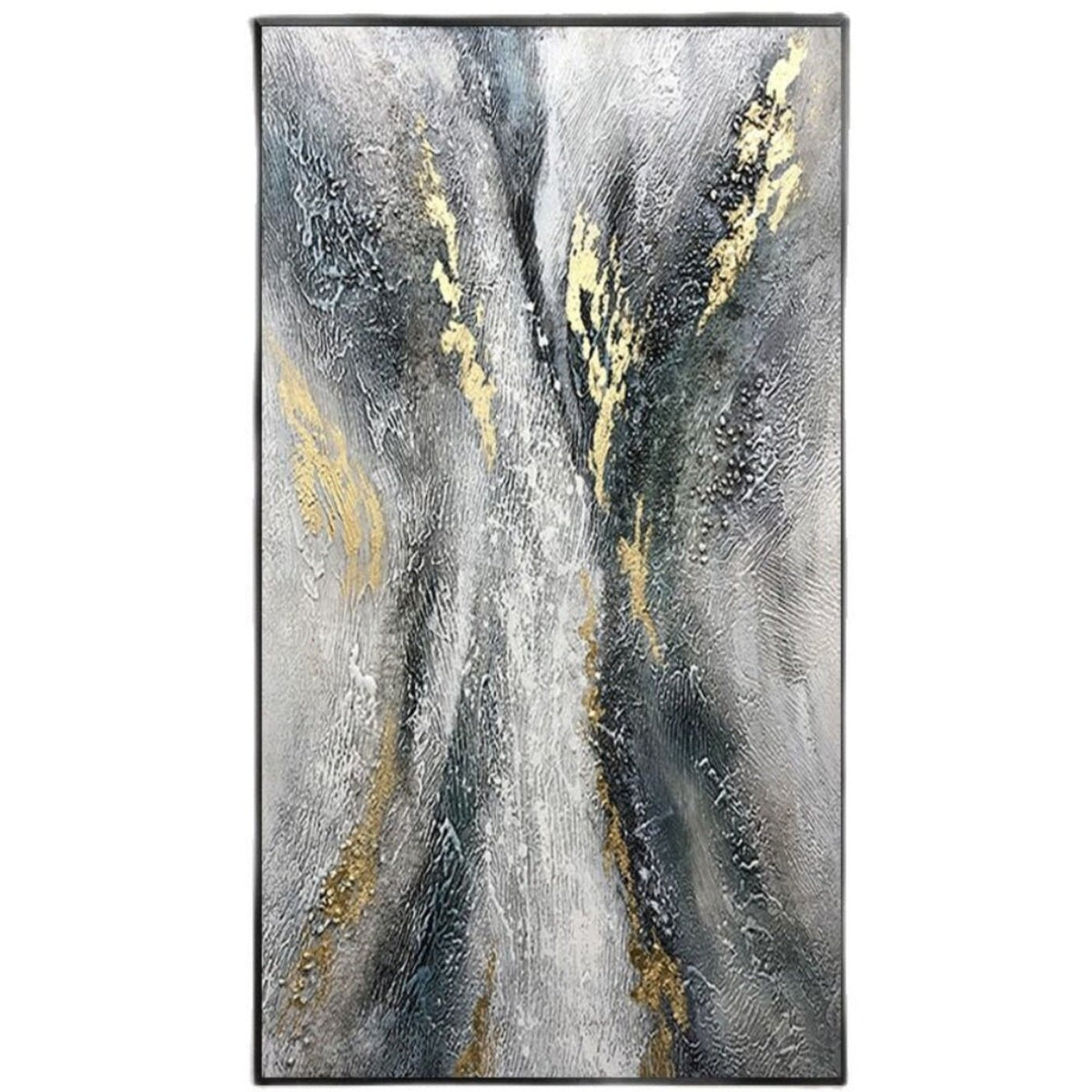 Dark branching strokes and gold-coloured accents rise through a rough silver-grey and white textured field.