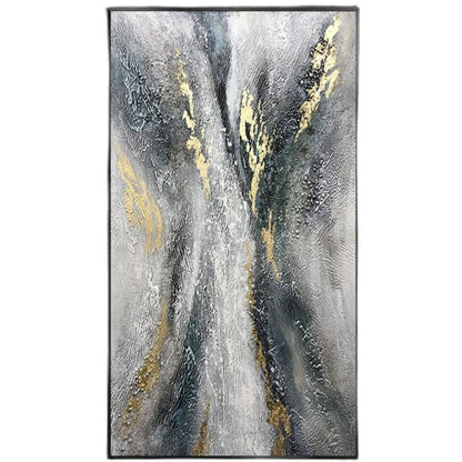 Dark branching strokes and gold-coloured accents rise through a rough silver-grey and white textured field.
