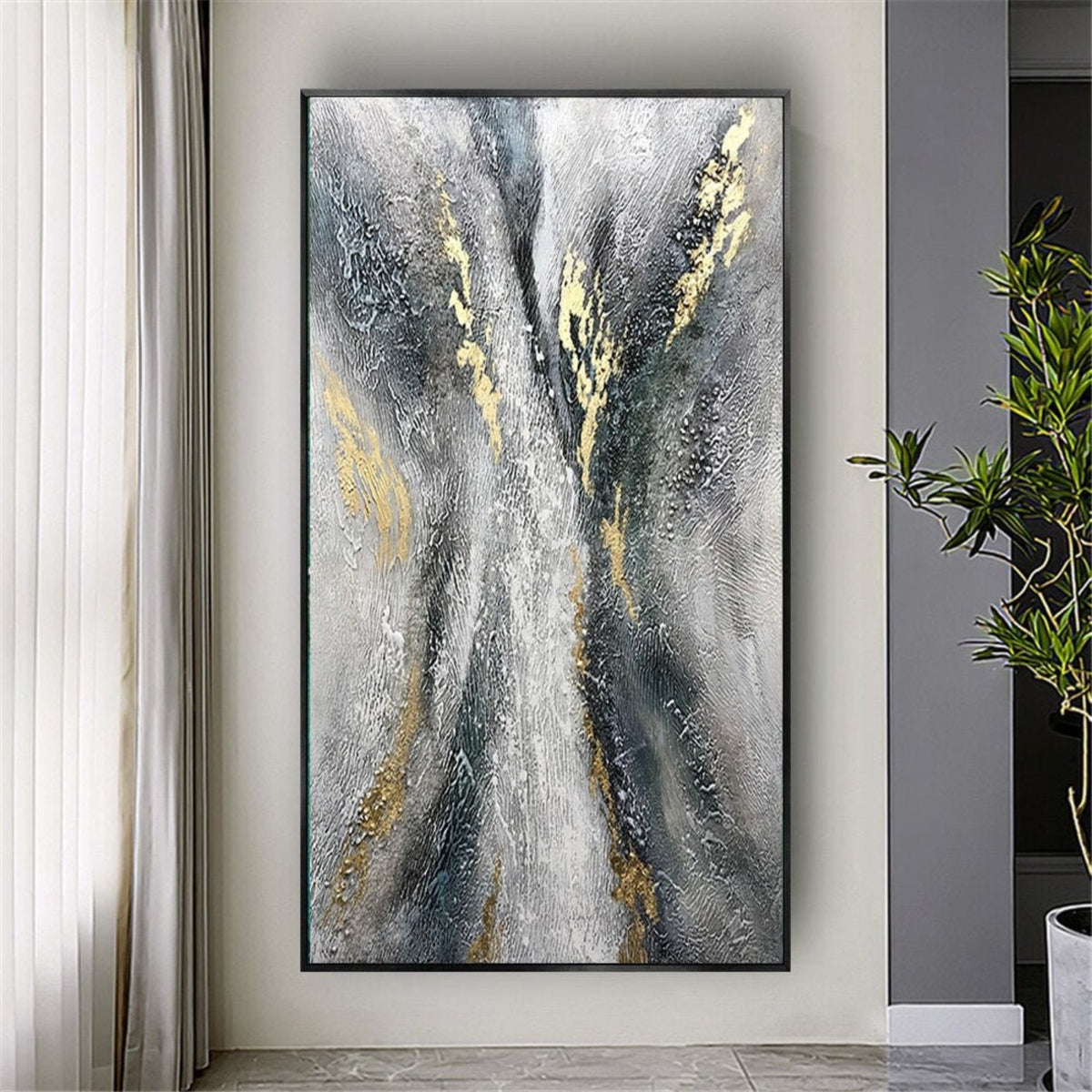 Room mockup. Dark branching strokes and gold-coloured accents rise through a rough silver-grey and white textured field.