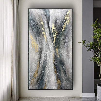 Room mockup. Dark branching strokes and gold-coloured accents rise through a rough silver-grey and white textured field.