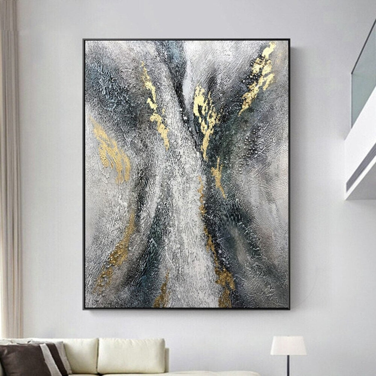 Room mockup. Dark branching strokes and gold-coloured accents rise through a rough silver-grey and white textured field.