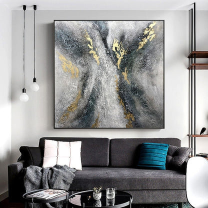 Room mockup. Dark branching strokes and gold-coloured accents rise through a rough silver-grey and white textured field.
