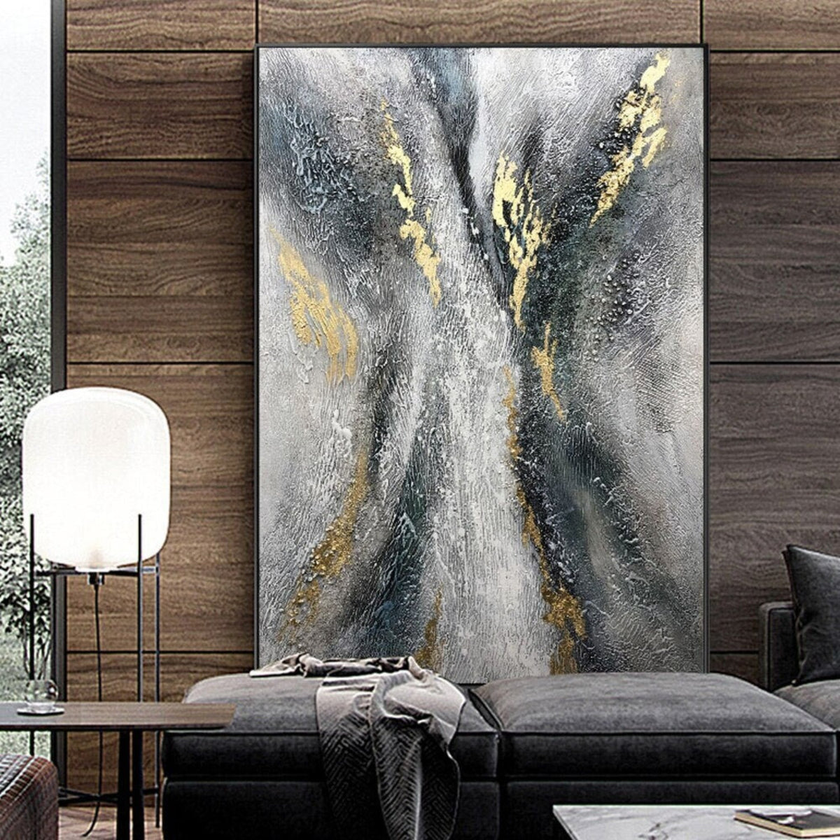 Room mockup. Dark branching strokes and gold-coloured accents rise through a rough silver-grey and white textured field.
