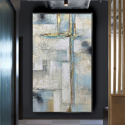 Room mockup. Pale grey and blue rectangular fields crossed by fine gold-coloured vertical and horizontal lines and dark grey patches.