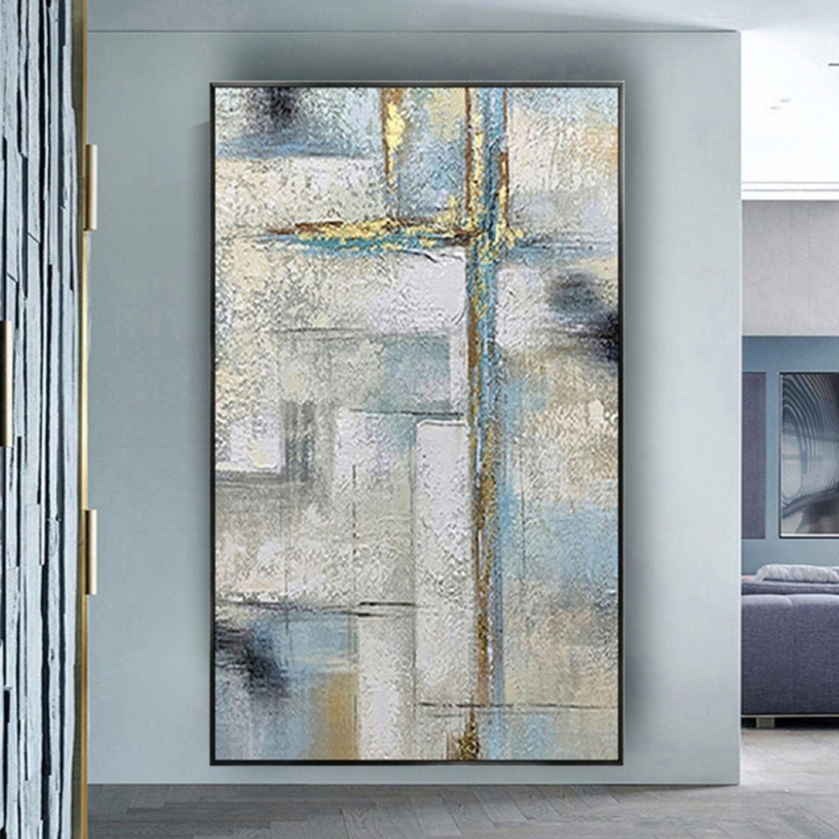 Room mockup. Pale grey and blue rectangular fields crossed by fine gold-coloured vertical and horizontal lines and dark grey patches.