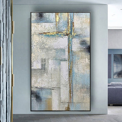 Room mockup. Pale grey and blue rectangular fields crossed by fine gold-coloured vertical and horizontal lines and dark grey patches.