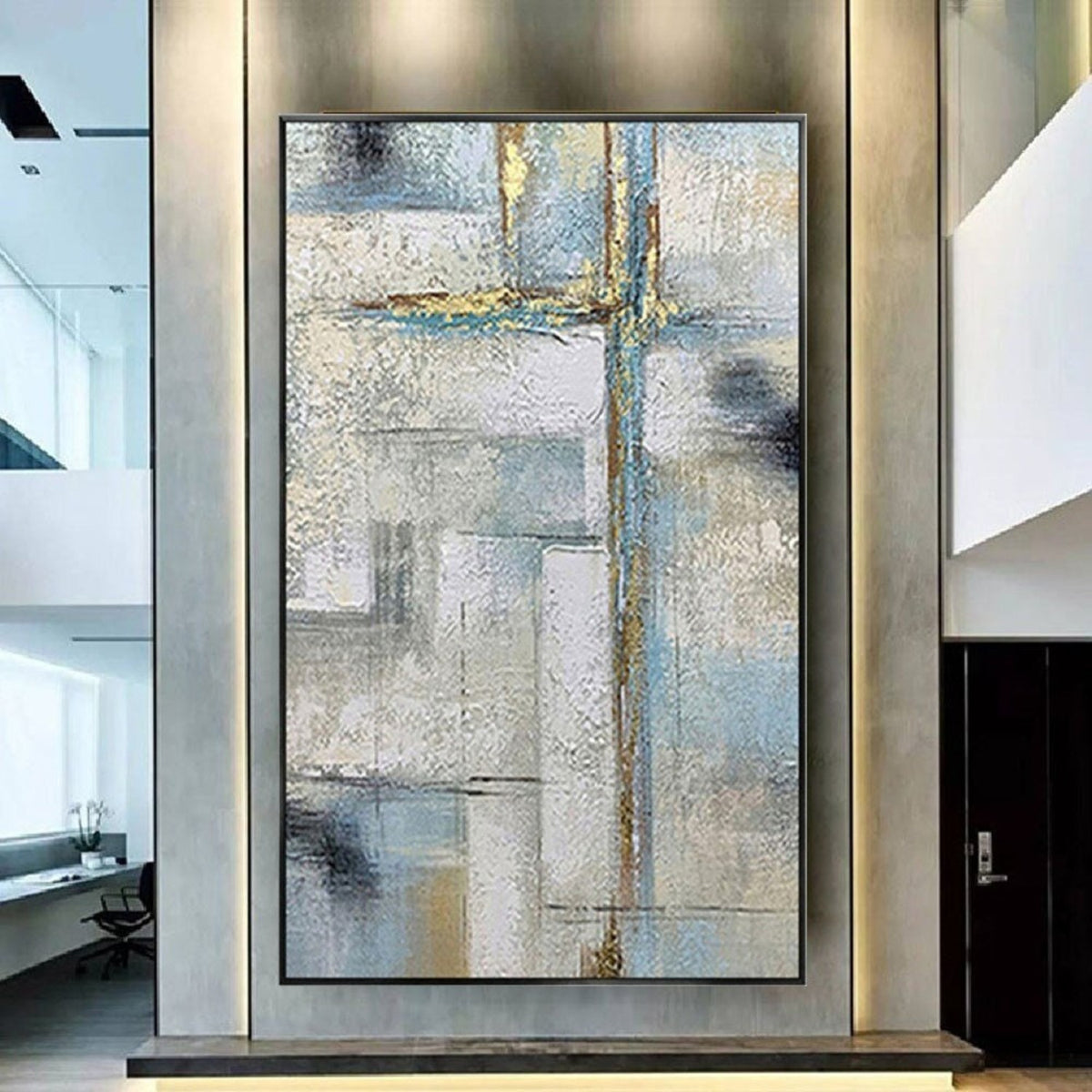 Room mockup. Pale grey and blue rectangular fields crossed by fine gold-coloured vertical and horizontal lines and dark grey patches.