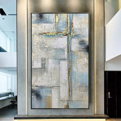 Room mockup. Pale grey and blue rectangular fields crossed by fine gold-coloured vertical and horizontal lines and dark grey patches.