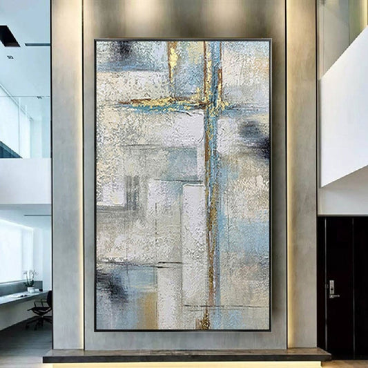Room mockup. Pale grey and blue rectangular fields crossed by fine gold-coloured vertical and horizontal lines and dark grey patches.