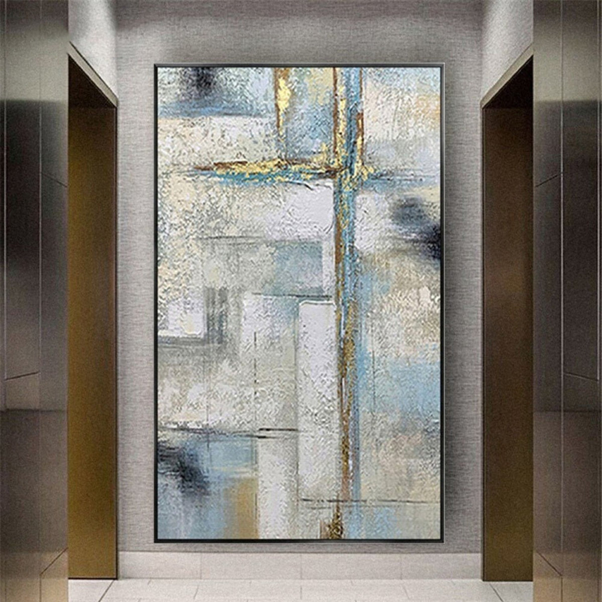 Room mockup. Pale grey and blue rectangular fields crossed by fine gold-coloured vertical and horizontal lines and dark grey patches.