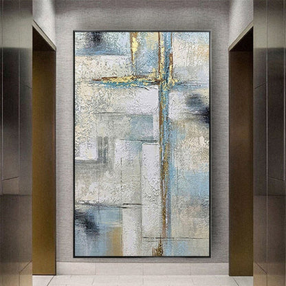 Room mockup. Pale grey and blue rectangular fields crossed by fine gold-coloured vertical and horizontal lines and dark grey patches.