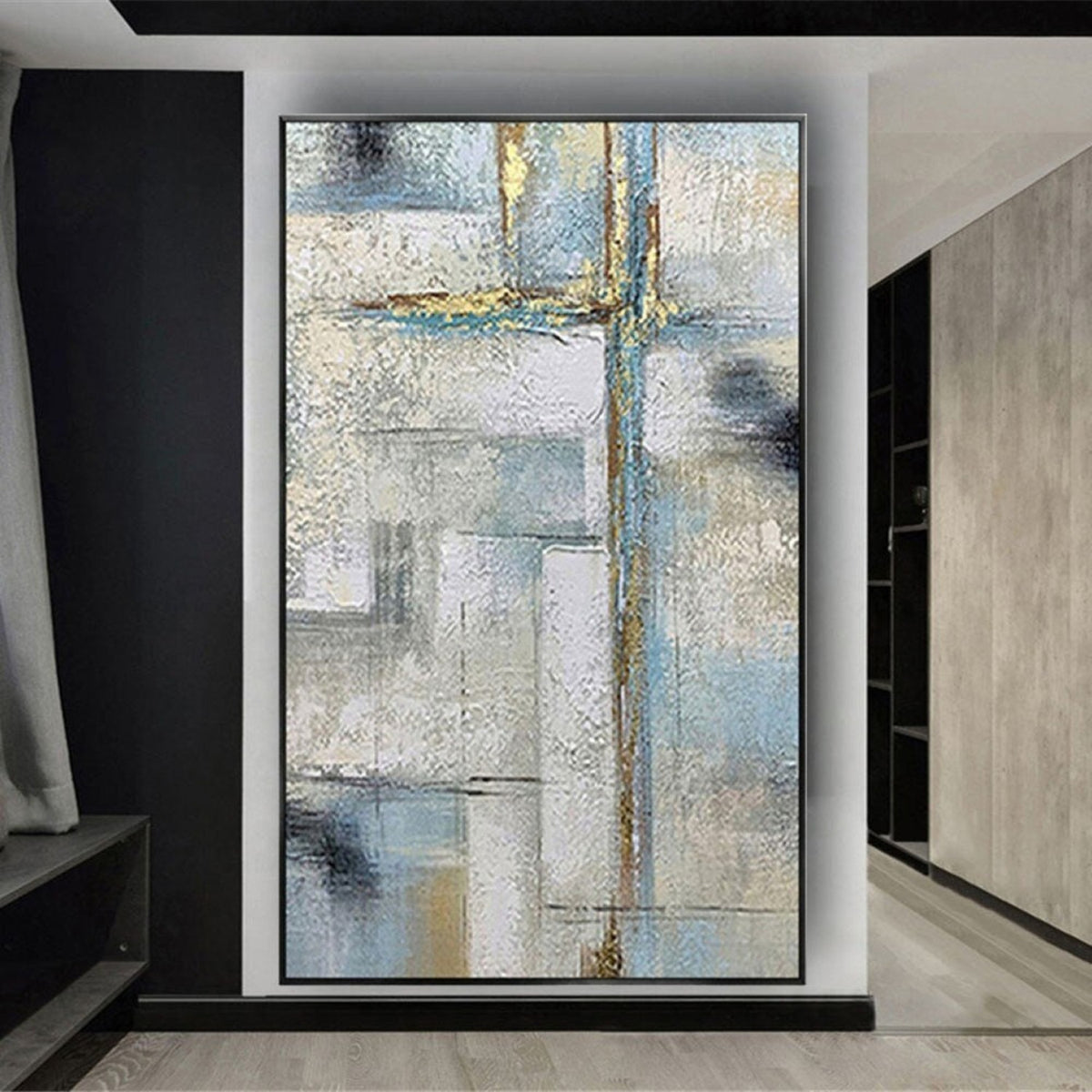 Room mockup. Pale grey and blue rectangular fields crossed by fine gold-coloured vertical and horizontal lines and dark grey patches.
