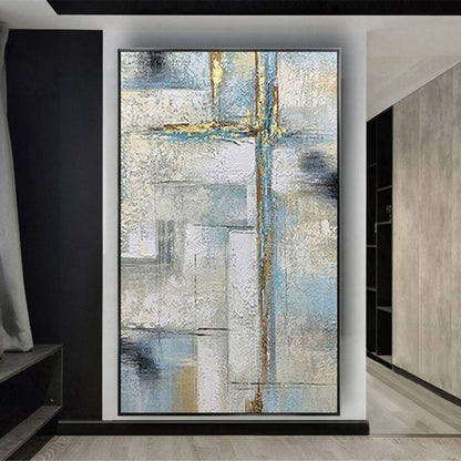 Room mockup. Pale grey and blue rectangular fields crossed by fine gold-coloured vertical and horizontal lines and dark grey patches.