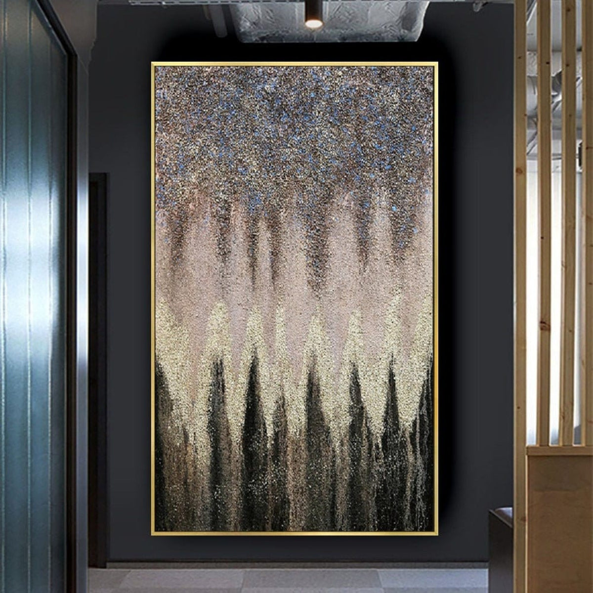 Room mockup. Dense dark grey upper texture tapers downward above a cream central band and black pointed forms rising from below.
