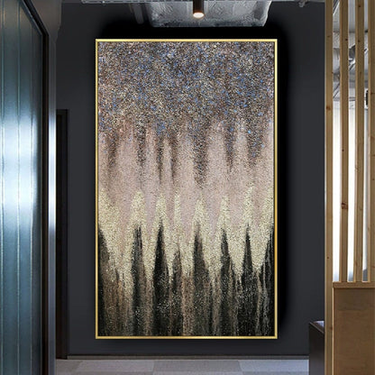 Room mockup. Dense dark grey upper texture tapers downward above a cream central band and black pointed forms rising from below.
